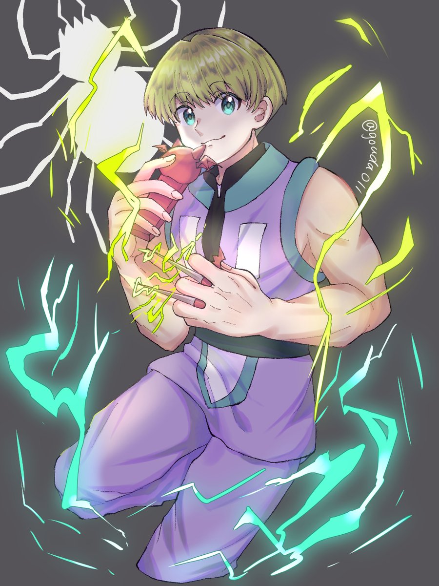 1boy bare_arms blonde_hair bowl_cut cropped_legs electricity green_eyes hand_up highres holding holding_phone hunter_x_hunter large_hands looking_at_viewer male_focus nen_(hunter_x_hunter) pants phone purple_pants shalnark short_hair sleeveless smile solo toned toned_male ultimate_gouda_(gouda011)