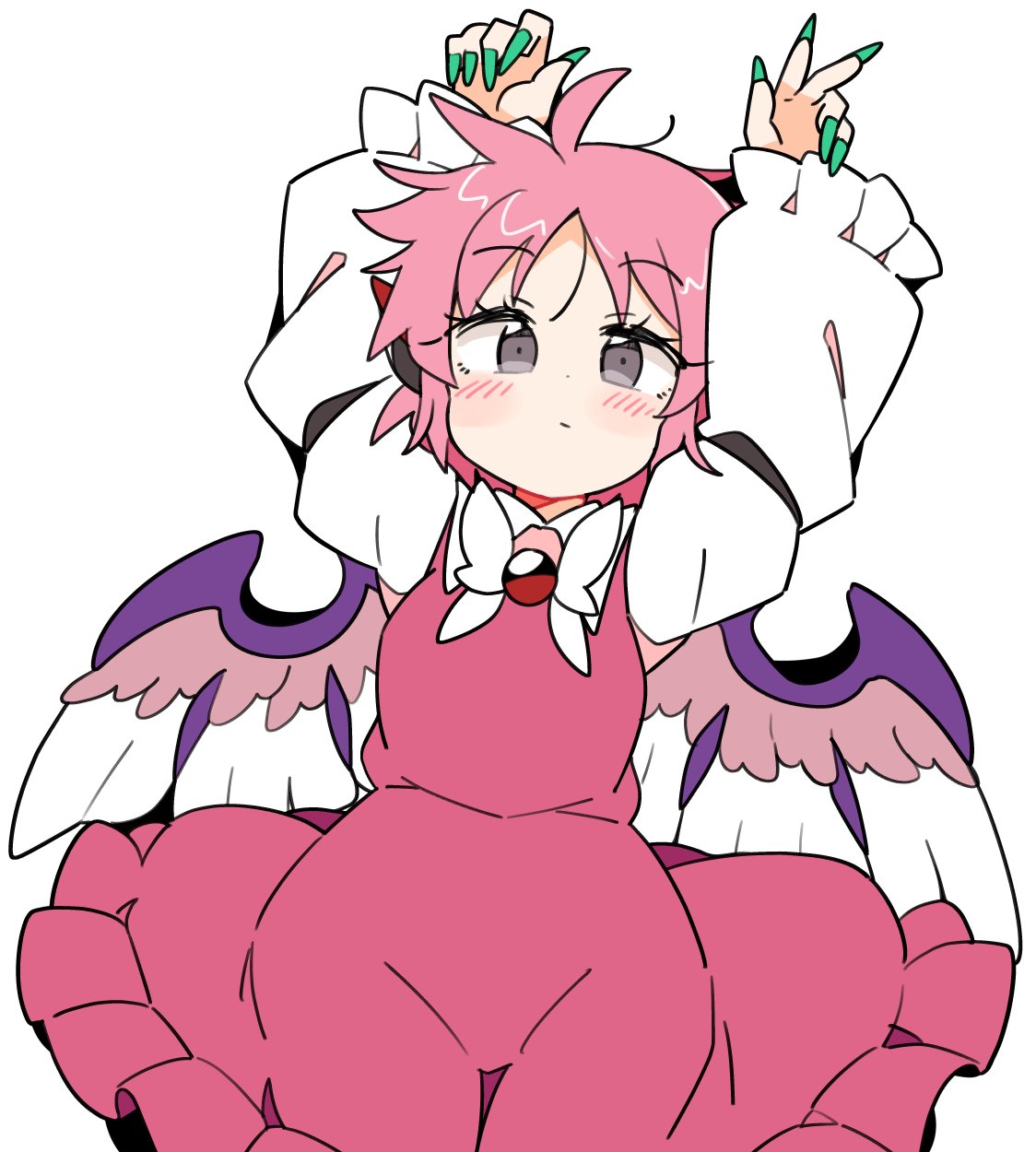 1girl animal_ears bird_ears bird_wings blush brown_dress closed_mouth dress fingernails frilled_dress frilled_sleeves frills green_nails grey_eyes highres ini_(inunabe00) long_fingernails long_sleeves looking_at_viewer mystia_lorelei nail_polish pink_hair sharp_fingernails short_hair simple_background sleeve_garter solo touhou upper_body white_background white_wings wide_sleeves wings