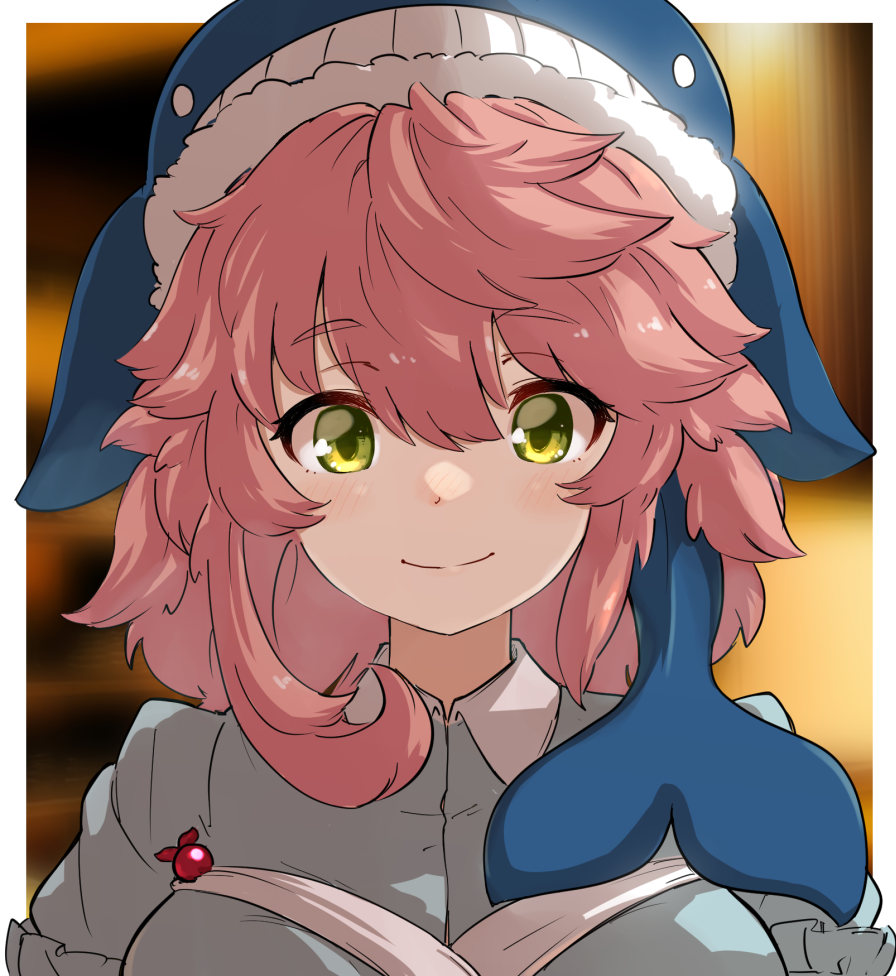 1girl blue_headwear blurry blurry_background breasts closed_mouth green_eyes hair_between_eyes hat large_breasts looking_at_viewer medium_hair okunoda_miyoi pink_hair portrait smile solo touhou uisu_(noguchipint) whale_hat