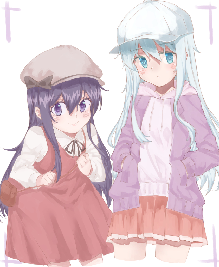 2girls akatsuki_(kancolle) az_toride baseball_cap black_hair blue_eyes blue_ribbon cabbie_hat closed_mouth collared_shirt dress dress_shirt feet_out_of_frame grey_hair hat hibiki_(kancolle) hood hoodie kantai_collection long_hair multiple_girls neck_ribbon official_alternate_costume pleated_skirt purple_dress red_dress ribbon shirt skirt smile violet_eyes white_headwear