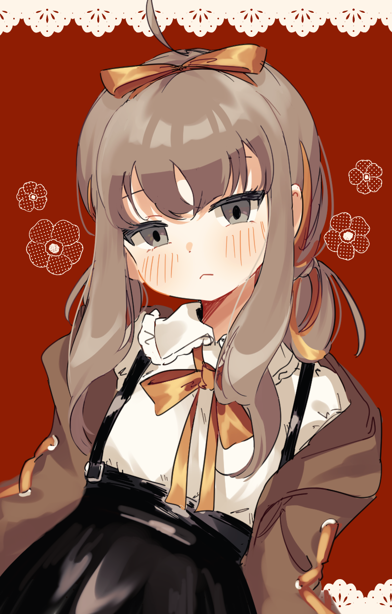 1girl :&lt; ahoge black_skirt brown_hair brown_jacket brown_ribbon closed_mouth collared_shirt commentary_request flat_chest grey_eyes hair_ribbon head_tilt highres hoshizuki_sakusa jacket looking_at_viewer neck_ribbon off_shoulder open_clothes open_jacket original ribbon shirt skirt solo suspender_skirt suspenders white_shirt