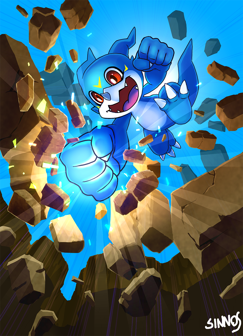 artist_name breaking clenched_hands digimon digimon_(creature) no_humans open_mouth punching rock rubble sin-nos veemon watermark