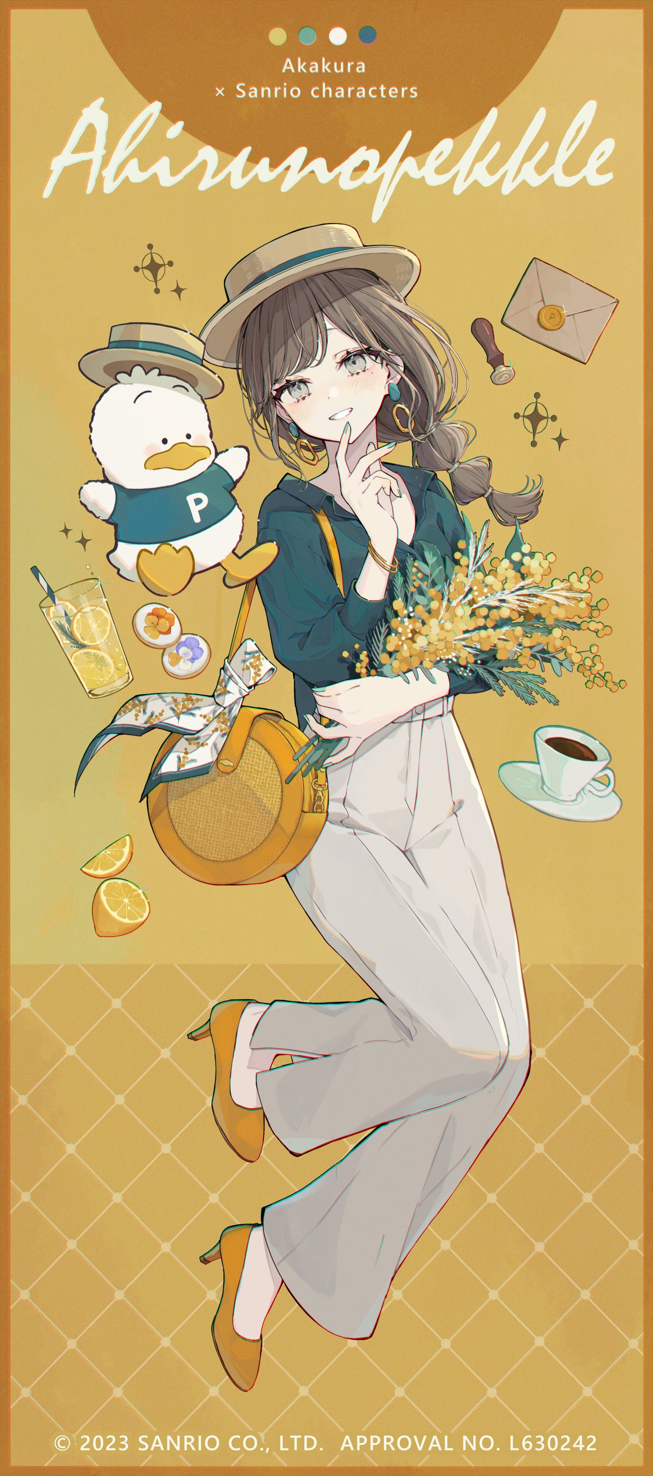 1girl absurdres ahiru_no_pekkle akakura arm_up artist_name bag bird brown_hair brown_headwear character_name coffee coffee_cup collarbone collared_shirt copyright_name cup disposable_cup duck earrings flower food fruit full_body green_shirt grey_eyes grey_pants hand_on_own_face high_heels highres holding holding_flower jewelry letter long_sleeves looking_away mole mole_under_eye open_mouth orange_(fruit) orange_flower orange_footwear orange_slice pants sanrio shirt short_hair smile solo stuffed_toy