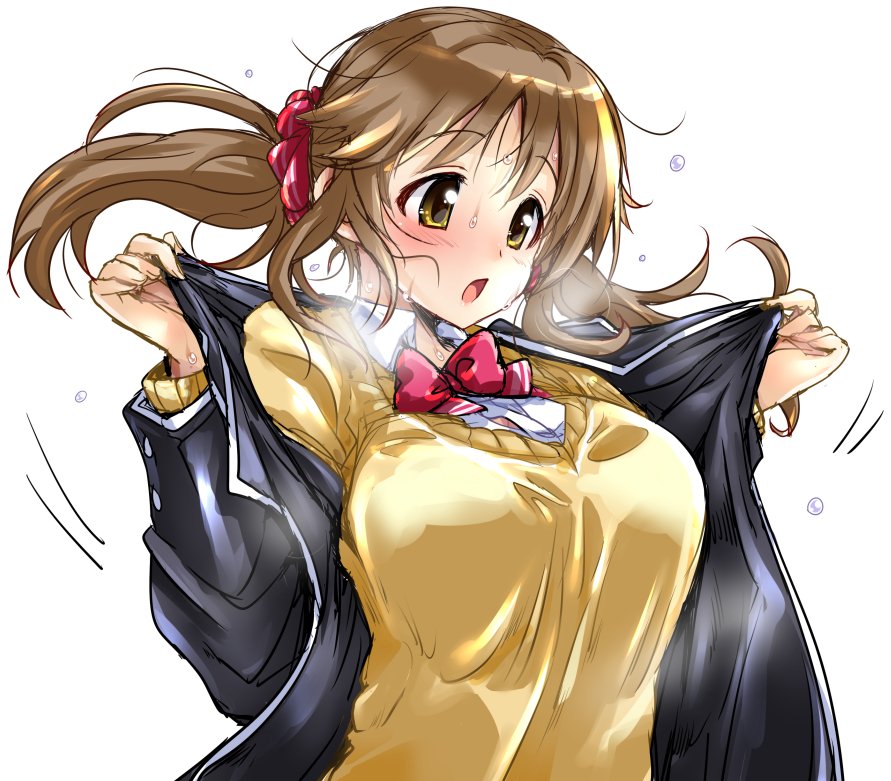 1girl black_jacket blush breasts brown_eyes brown_hair cardigan hair_ornament hair_scrunchie hirowa_nagi holding holding_clothes hot idolmaster idolmaster_cinderella_girls idolmaster_cinderella_girls_starlight_stage jacket large_breasts long_hair long_sleeves looking_at_another neck_ribbon open_mouth red_ribbon ribbon scrunchie shirt solo sweat sweatdrop totoki_airi twintails undressing white_shirt yellow_cardigan
