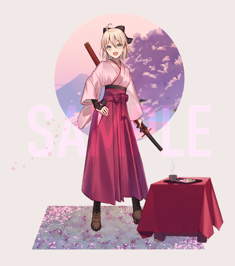 1girl ahoge black_bow blonde_hair boots bow brown_footwear commentary_request fate/grand_order fate_(series) green_eyes hair_between_eyes hair_bow hand_on_own_hip holding holding_sword holding_weapon japanese_clothes katana kibou kimono koha-ace obi okita_souji_(fate) okita_souji_(koha-ace) open_mouth pink_kimono sample_watermark sash sheath sheathed smile solo sword table watermark weapon