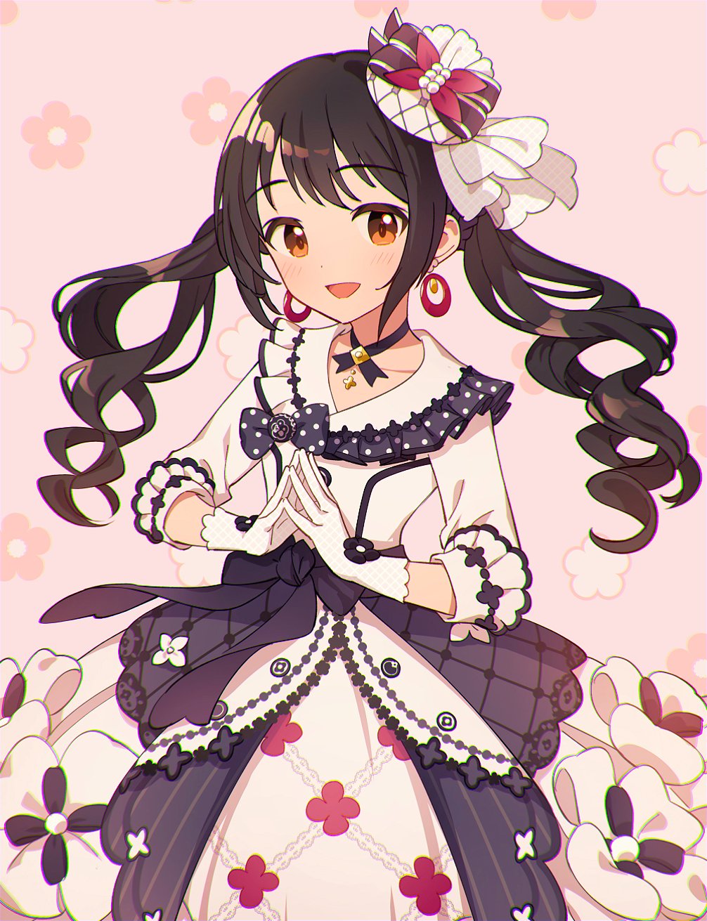 1girl black_choker black_hair blush bow brown_eyes choker collarbone dot_nose dress dress_bow earrings floral_background frilled_dress frills gloves hair_ornament hat highres idolmaster idolmaster_cinderella_girls idolmaster_cinderella_girls_starlight_stage jewelry kurochiroko long_hair long_sleeves looking_at_viewer low_twintails mini_hat nakano_yuka open_mouth pink_background smile solo steepled_fingers twintails white_dress