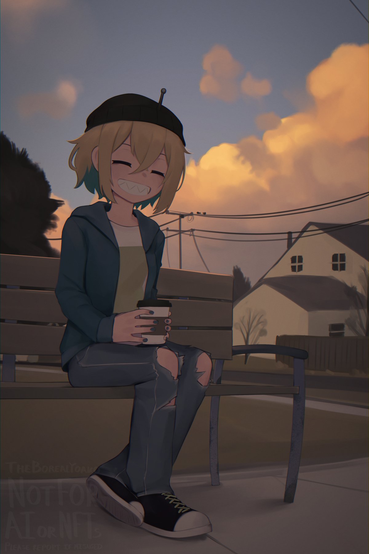 1girl =_= alternate_costume amano_pikamee artist_name bench beret black_footwear blue_jacket blue_sky clenched_teeth clouds commentary contemporary crossed_ankles cup disposable_cup dusk english_commentary full_body green_nails hat highres holding holding_cup house jacket long_sleeves open_clothes open_jacket outdoors pants power_lines road sharp_teeth shoes sitting sky sleeves_past_wrists smile sneakers solo teeth torn_clothes torn_pants tree voms watermark yoako