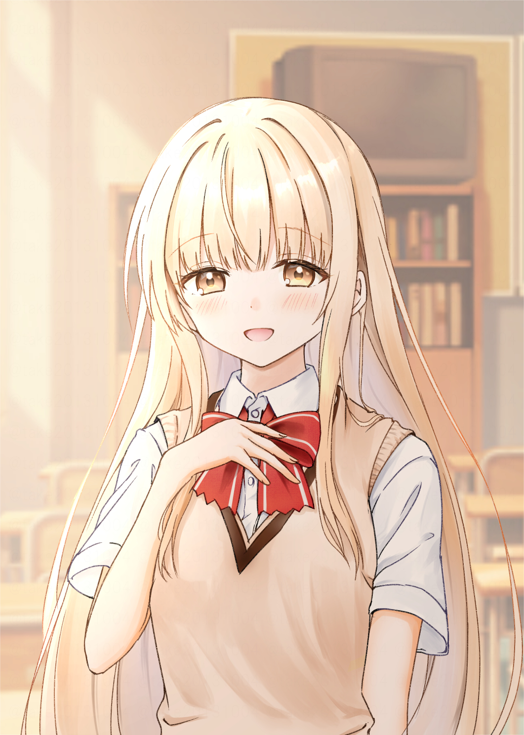 1girl blonde_hair bookshelf bow bowtie brown_sweater_vest classroom desk hand_on_own_chest highres long_hair looking_at_viewer open_mouth otonari_no_tenshi-sama_ni_itsu_no_mani_ka_dame_ningen_ni_sarete_ita_ken red_bow red_bowtie red_ribbon ribbon ribbon_trim school_desk school_uniform shiina_mahiru_(otonari_no_tenshi-sama) smile sweater_vest take20131004 television very_long_hair yellow_eyes