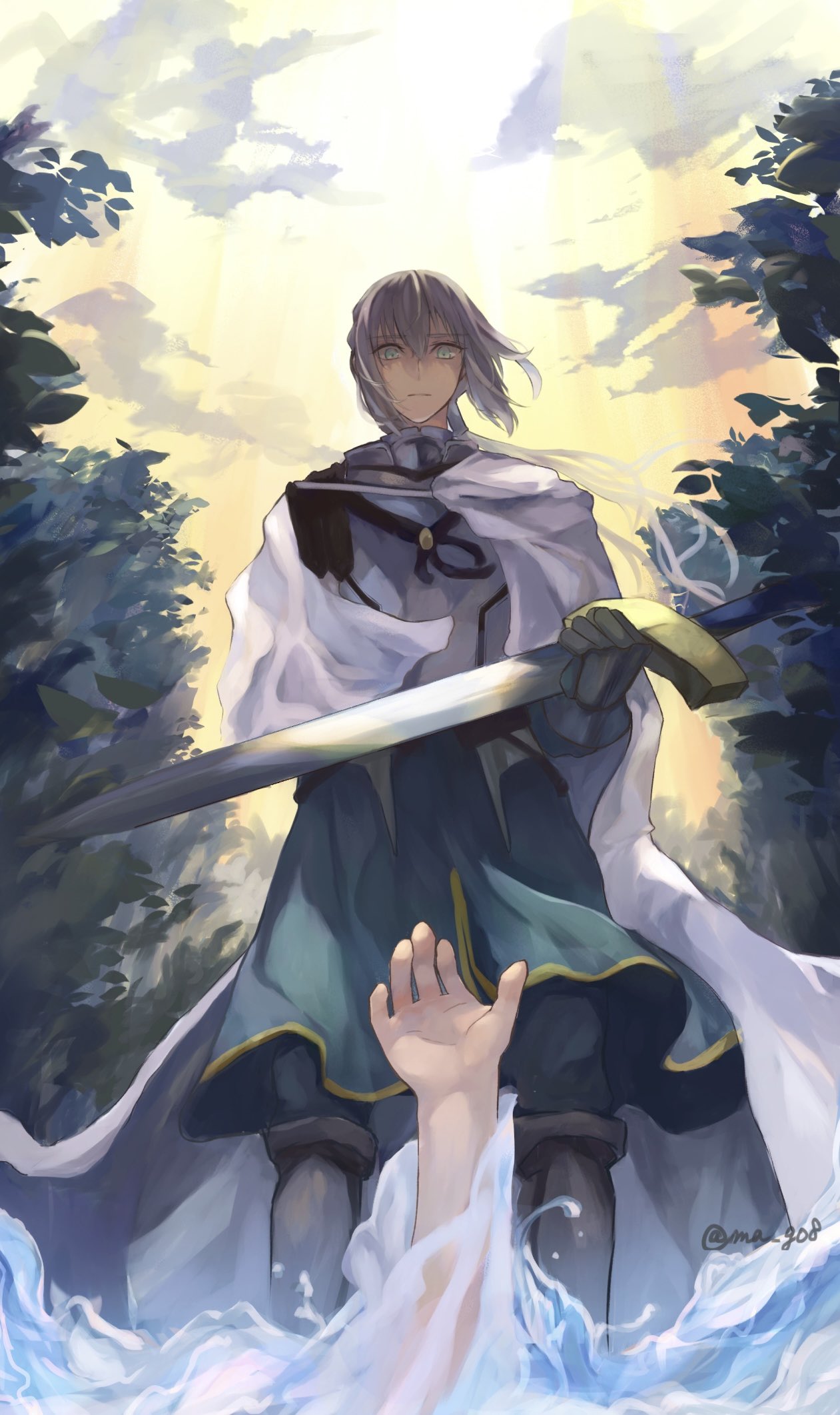 1boy arm_up armor bedivere_(fate) cape excalibur_(fate/stay_night) fate/grand_order fate_(series) gauntlets grey_hair highres holding holding_sword holding_weapon male_focus maru_(ma-ru8) sword twitter_username water weapon