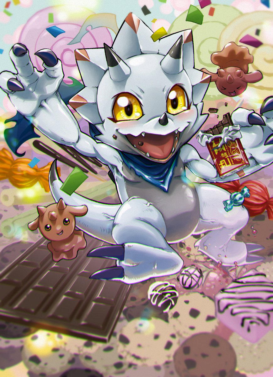 candy chocolate chocolate_bar chocomon closed_eyes cookie digimon digimon_(creature) food gammamon highres looking_at_viewer no_humans open_mouth segawa_ryuu