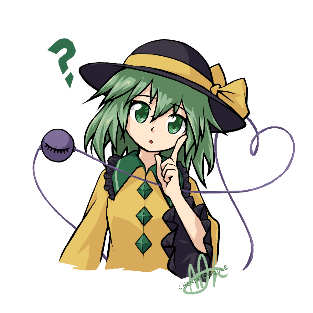 1girl ? black_headwear blouse bow buttons chennydoodle cropped_torso diamond_button eyeball frilled_shirt_collar frilled_sleeves frills green_eyes hand_up hat hat_bow hat_ribbon head_tilt heart heart_of_string komeiji_koishi light_green_hair long_sleeves looking_at_viewer medium_hair ribbon shirt signature simple_background solo surprised third_eye touhou wavy_hair white_background wide_sleeves yellow_bow yellow_ribbon yellow_shirt