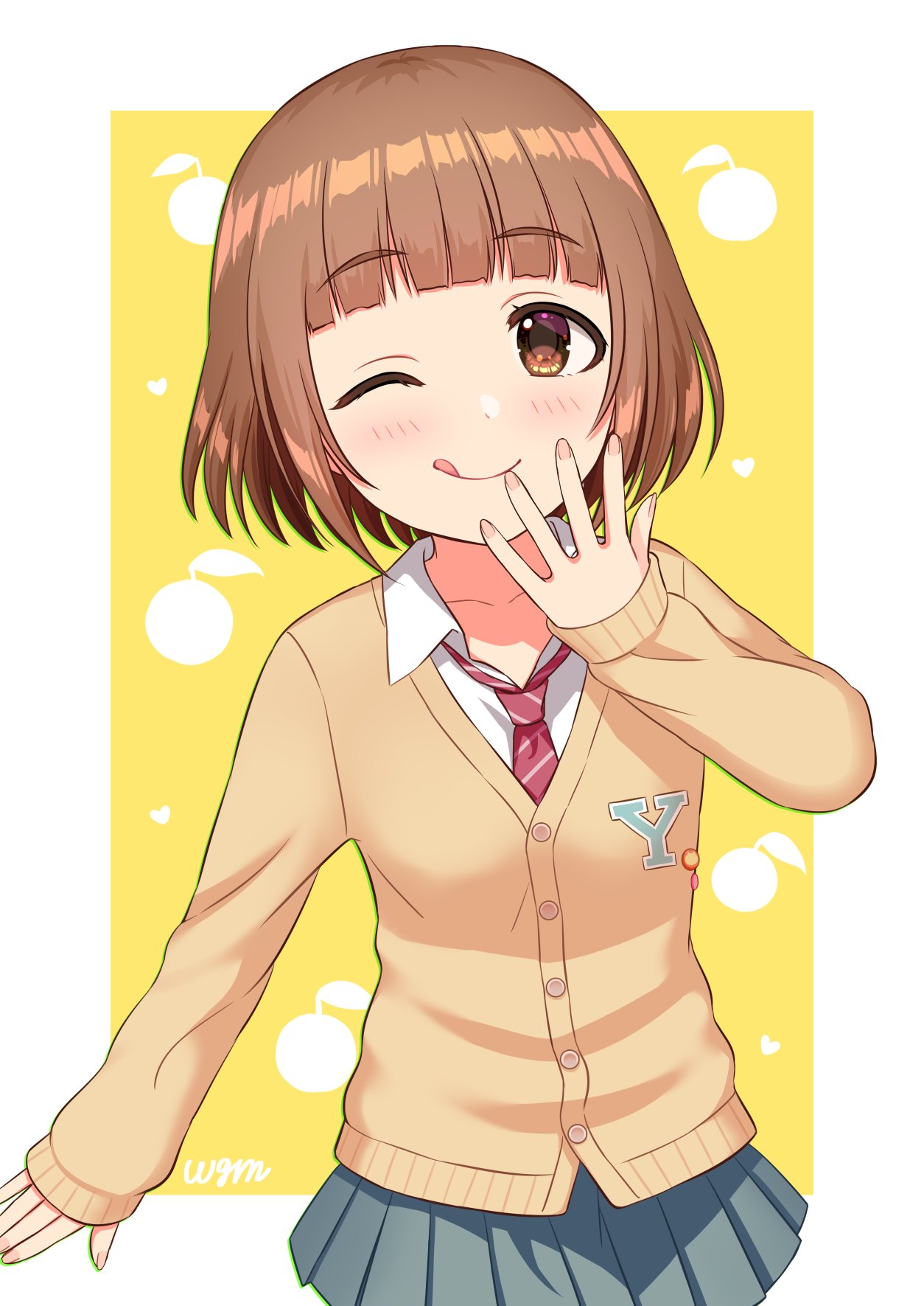 1girl blunt_bangs blush brown_cardigan brown_eyes brown_hair cardigan covering_mouth dot_nose food fruit grey_skirt grid_background highres idolmaster idolmaster_cinderella_girls idolmaster_cinderella_girls_starlight_stage kitami_yuzu long_sleeves looking_at_viewer one_eye_closed pleated_skirt school_uniform shirt short_hair signature skirt smile solo tongue tongue_out wgm_oekaki white_shirt yellow_background yuzu_(fruit)