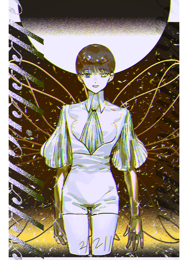 1other androgynous ascot blue_eyes blue_hair bowl_cut collared_shirt colored_skin cropped_legs crystal_hair framed gold golden_arms haun heterochromia high_collar houseki_no_kuni looking_at_viewer moon necktie open_mouth other_focus phosphophyllite phosphophyllite_(ll) see-through see-through_sleeves shirt short_hair short_shorts shorts smile solo standing straight-on straight_hair white_ascot white_eyes white_skin wide_sleeves wing_collar