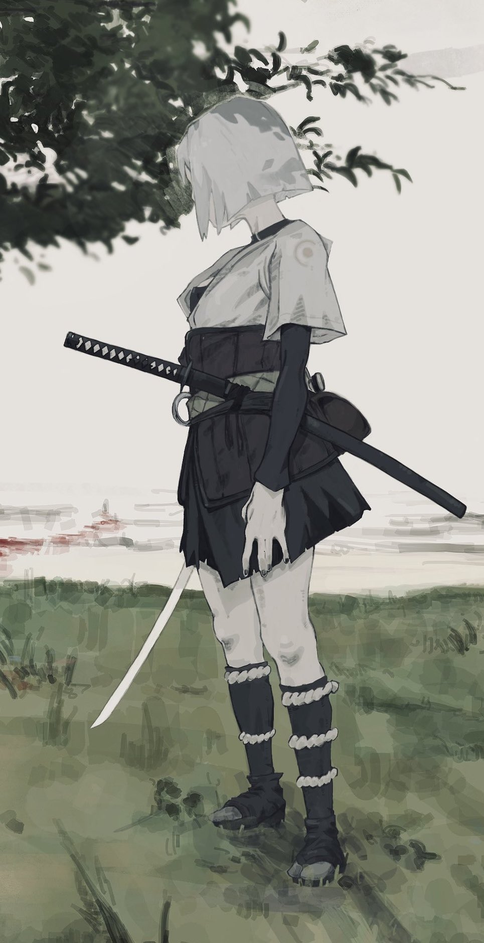 1girl \||/ bchan1582 belt black_nails black_skirt black_socks blunt_ends blurry blurry_background bob_cut colored_skin facing_away from_side full_body grass grey_skin highres holding holding_sword holding_weapon japanese_clothes katana kneehighs looking_to_the_side original quilted_clothes sandals shade sheath sheathed shirt short_sleeves skirt socks solo standing sword tabi toeless_footwear tree weapon white_hair white_shirt white_sky