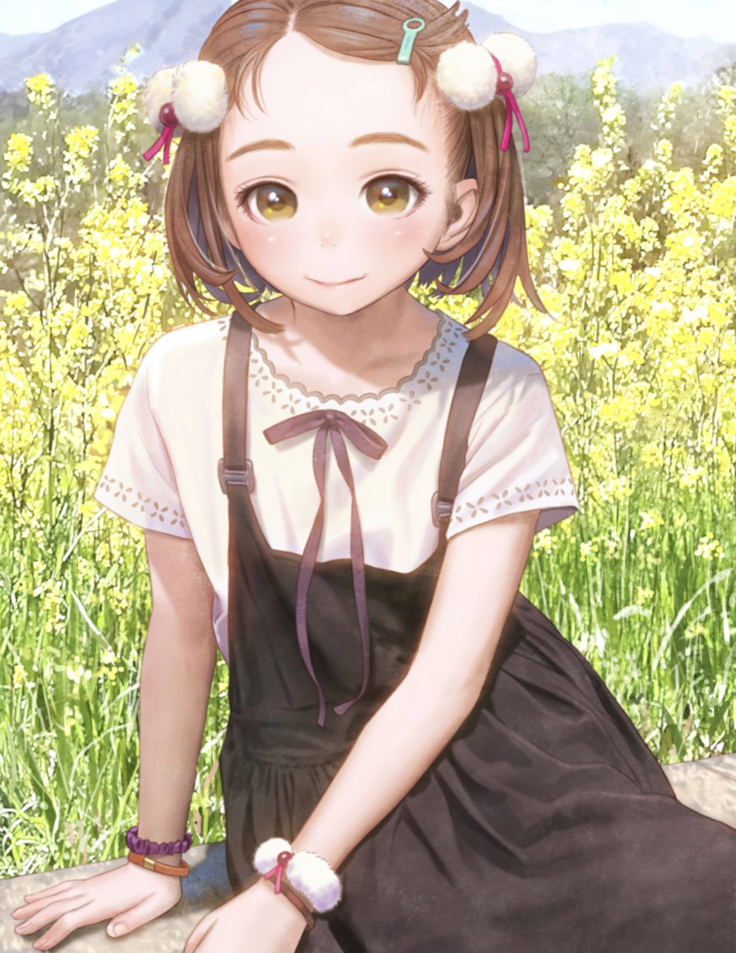 1girl arm_support black_dress blush bracelet brown_eyes brown_hair commentary_request day dress field flower flower_field hair_ornament hairclip highres jewelry looking_at_viewer murata_range neck_ribbon original outdoors pom_pom_(clothes) ribbon scrunchie second-party_source shirt short_hair short_sleeves sitting smile solo upper_body white_shirt wrist_scrunchie