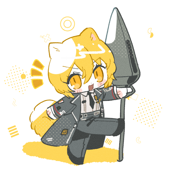 1girl animal_ears black_necktie blonde_hair chibi coat collared_shirt commentary dog_ears dog_girl dog_tail don_quixote_(limbus_company) grey_coat grey_pants holding holding_polearm holding_weapon huchu_(papper) kemonomimi_mode korean_commentary lance limbus_company long_sleeves necktie notice_lines open_clothes open_coat open_mouth pants polearm project_moon shirt short_hair smile solo tail v-shaped_eyebrows walking weapon white_shirt yellow_eyes