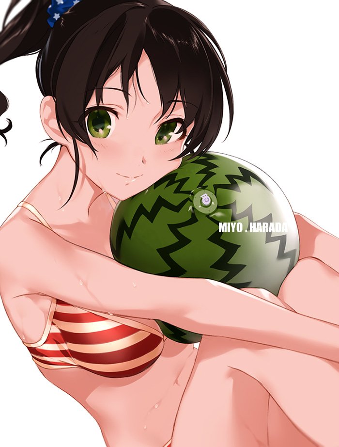 1girl akiyoshi_haru ball beachball bikini black_hair blush breasts character_name closed_mouth collarbone green_eyes hair_ornament hair_scrunchie harada_miyo hugging_own_legs idolmaster idolmaster_cinderella_girls idolmaster_cinderella_girls_starlight_stage looking_at_viewer medium_breasts navel ponytail red_bikini scrunchie short_hair simple_background smile solo striped striped_bikini swimsuit wet wet_clothes white_background