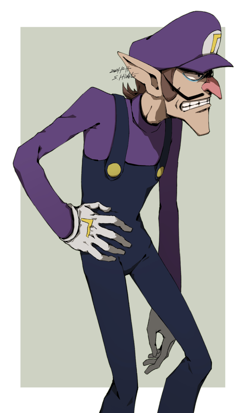 ._. 1boy big_nose brown_hair chin clenched_teeth commentary_request facial_hair gloves hand_on_own_hip hat highres long_sleeves male_focus mustache overalls pointy_ears shigeshiro_hideto simple_background slouching solo super_mario_bros. teeth waluigi white_gloves