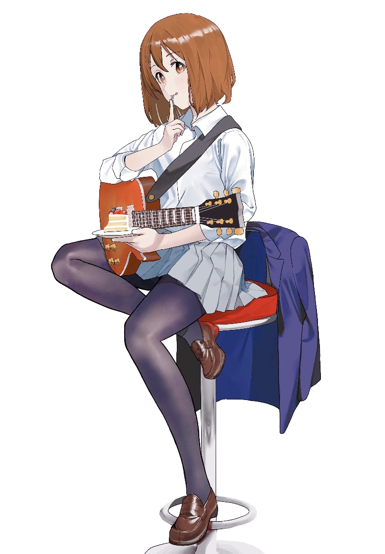 1girl bar_stool black_pantyhose blazer blue_jacket brown_eyes brown_footwear brown_hair cake collared_shirt commentary_request electric_guitar food full_body grey_skirt guitar hair_ornament hairclip hirasawa_yui holding holding_plate instrument jacket jacket_removed k-on! loafers looking_at_viewer pantyhose plate pleated_skirt sakuragaoka_high_school_uniform saya_endo_(27) school_uniform shirt shoes short_hair simple_background sitting skirt sleeves_rolled_up solo stool white_background white_shirt