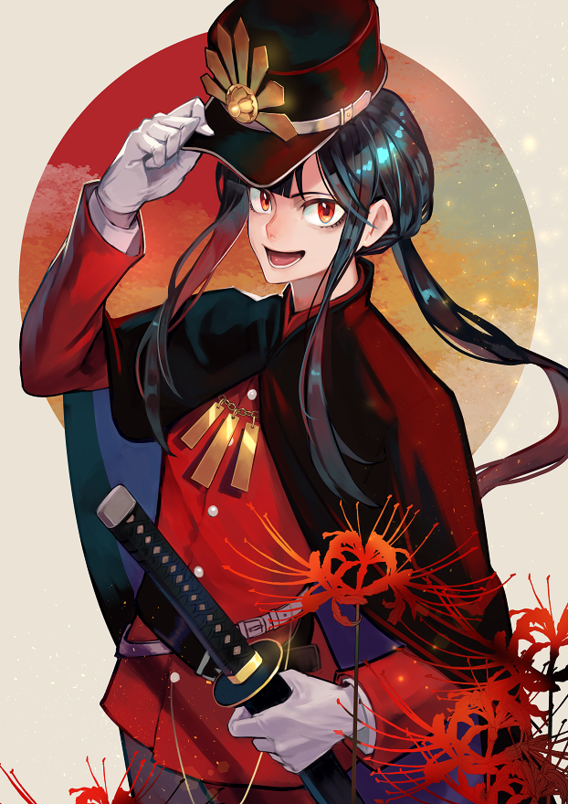 1boy :d belt black_cape black_hair black_headwear blunt_bangs cape family_crest fate/grand_order fate_(series) flower gloves grey_background hair_between_eyes hat holding holding_clothes holding_hat holding_sword holding_weapon jacket katana light_particles long_hair long_sleeves looking_at_viewer low_ponytail lower_teeth_only male_focus oda_nobukatsu_(fate) oda_uri peaked_cap red_background red_eyes red_flower red_jacket sennohajime sheath sheathed shirt smile solo spider_lily sword teeth upper_body weapon white_belt white_gloves white_shirt