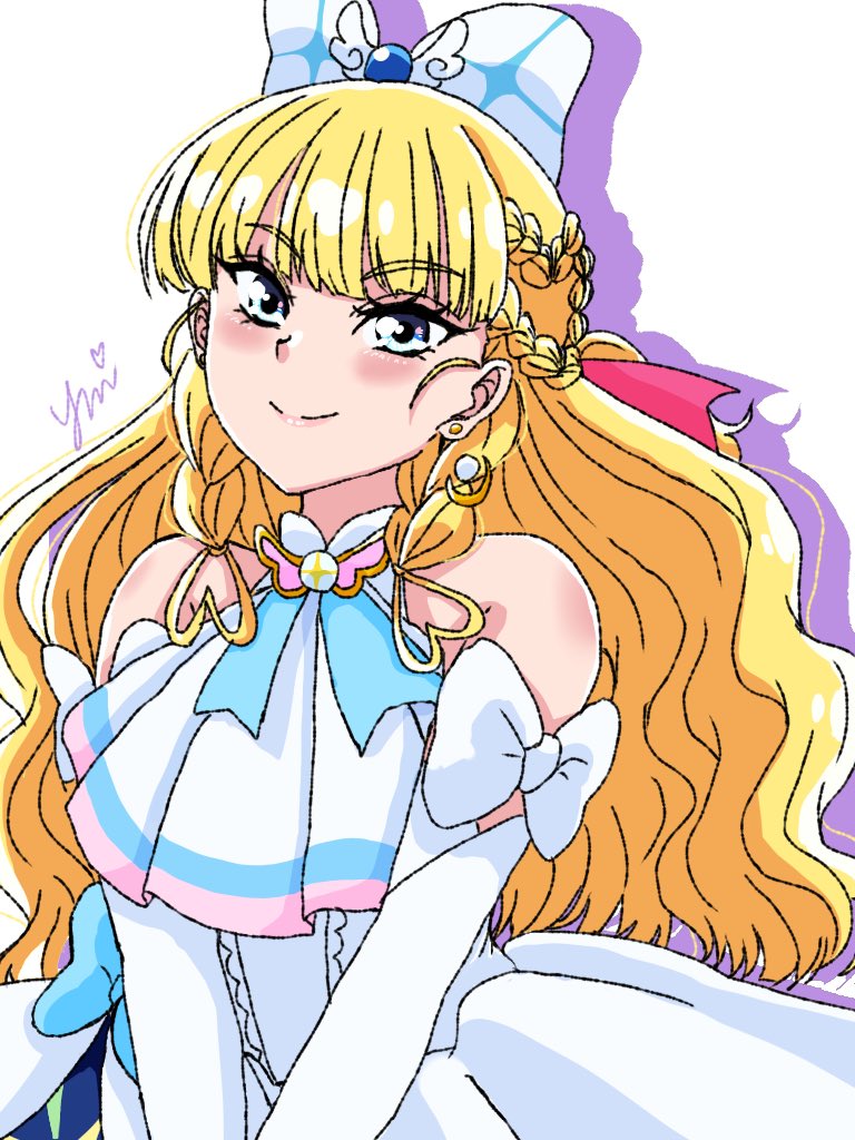 1girl ascot blonde_hair blue_eyes blush bow cosplay cure_finale cure_prism cure_prism_(cosplay) delicious_party_precure dress earrings elbow_gloves glove_bow gloves hirogaru_sky!_precure jewelry kasai_amane long_hair looking_at_viewer magical_girl precure smile solo upper_body white_ascot white_background white_dress white_gloves wing_hair_ornament yui_u86