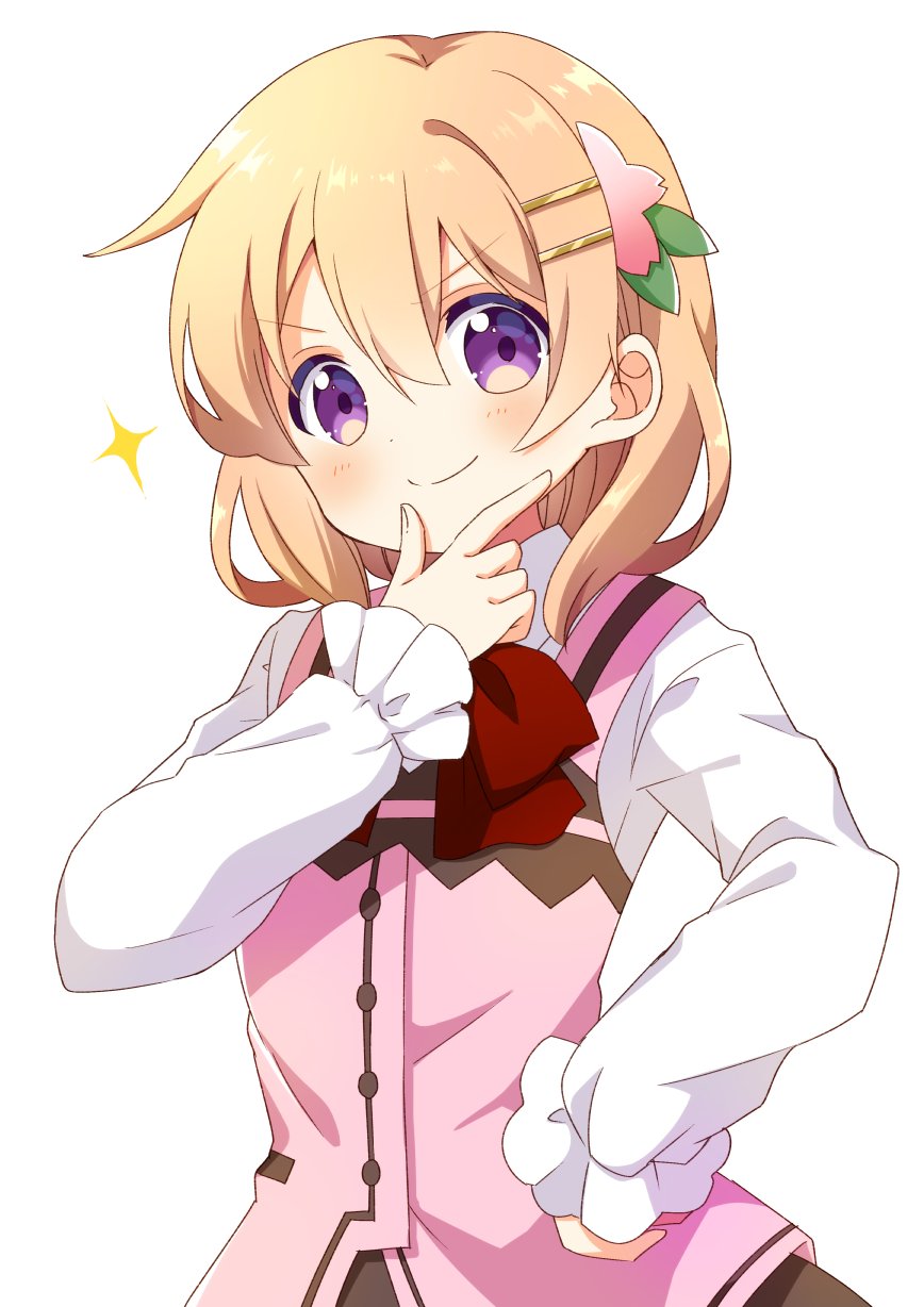 1girl blonde_hair blush brown_skirt closed_mouth commentary_request frills gochuumon_wa_usagi_desu_ka? hair_between_eyes hair_ornament hairclip hand_on_own_chin hand_on_own_hip hand_up highres hoto_cocoa long_sleeves looking_at_viewer medium_hair oumi_neneha pink_vest shirt simple_background skirt smile solo split_mouth stroking_own_chin upper_body vest violet_eyes white_background white_shirt