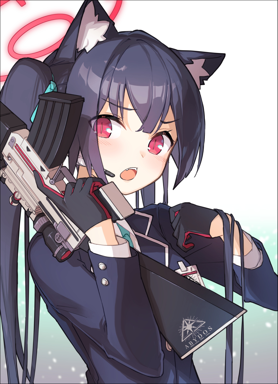 1girl animal_ear_fluff animal_ears aqua_necktie beretta_ar70 black_hair blazer blue_archive cat_ears collared_shirt commentary_request earpiece fang gun hair_ribbon halo highres holding holding_gun holding_weapon id_card jacket long_hair long_sleeves looking_at_viewer looking_to_the_side miya_kazutomo necktie open_mouth red_eyes ribbon school_uniform serika_(blue_archive) shirt solo teeth twintails two-tone_gloves upper_body upper_teeth_only weapon