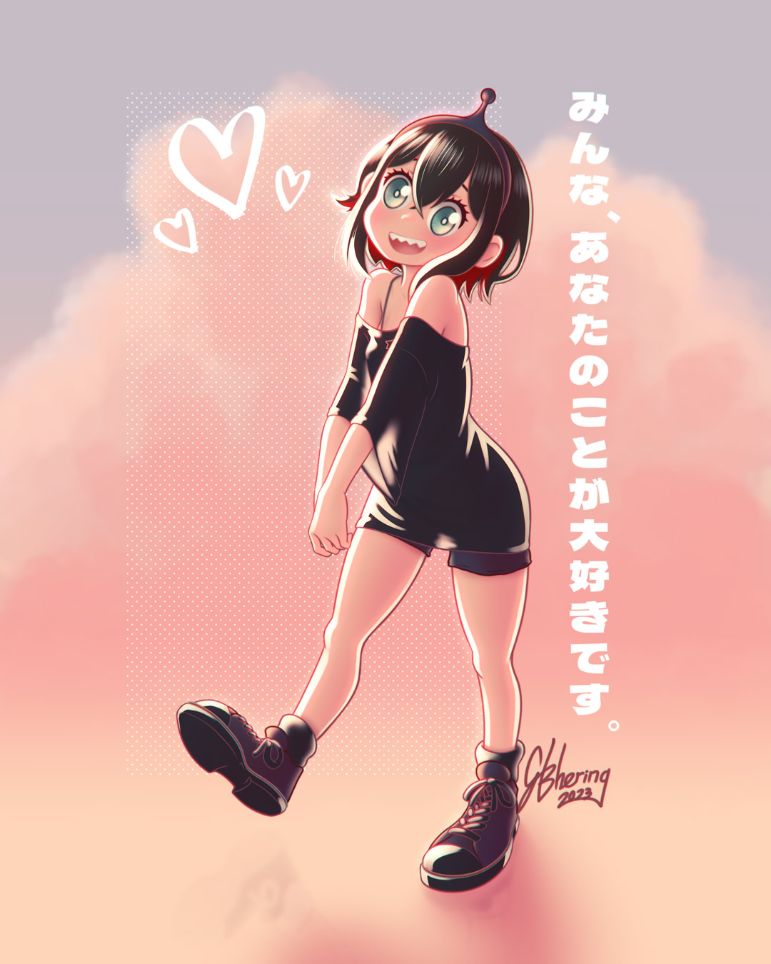 :d alternate_hair_color amano_pikamee artist_name backlighting black_footwear black_hair black_hairband black_shirt black_shorts blush clouds colored_inner_hair commentary dated english_commentary full_body gbhering green_eyes hairband heart highres looking_at_viewer multicolored_hair off-shoulder_shirt off_shoulder own_hands_together redhead sharp_teeth shirt shoes shorts signature smile sneakers standing standing_on_one_leg teeth translation_request two-tone_hair upper_body virtual_youtuber voms