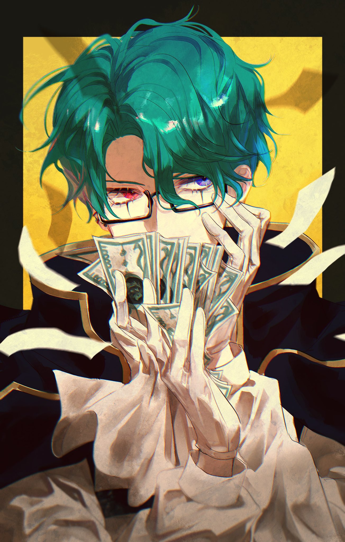 1boy akuma_shitsuji_to_kuroi_neko blue_cape blue_eyes border brown_border cape facial_mark formal glasses gloves green_hair heterochromia highres holding holding_money long_sleeves male_focus money nac_stein ohachi08 red_eyes shirt short_hair solo wavy_hair white_gloves white_shirt yellow_background