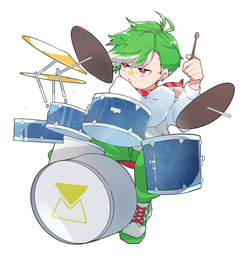 1boy commentary_request cymbals daimonji_ryugon drum drum_set drumsticks english_commentary green_hair green_pants holding holding_drumsticks instrument long_sleeves mixed-language_commentary pants red_scarf ryo_(ryo_skrdi) scarf shirt short_hair sitting solo transparent_background virtual_youtuber voms white-shirt white_shirt