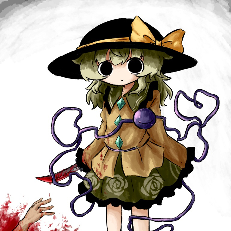 1girl black_eyes black_headwear blood blood_on_clothes blood_on_hands blood_on_knife blouse bow buttons closed_mouth diamond_button expressionless eyeball feet_out_of_frame floral_print frilled_shirt_collar frilled_skirt frilled_sleeves frills green_skirt hat hat_bow hat_ribbon heart heart_of_string heripantomorrow holding holding_knife knife komeiji_koishi light_green_hair long_sleeves looking_at_viewer medium_hair murder ribbon shirt skirt sleeves_past_fingers sleeves_past_wrists standing third_eye touhou wavy_hair white_background wide_sleeves yellow_bow yellow_ribbon yellow_shirt