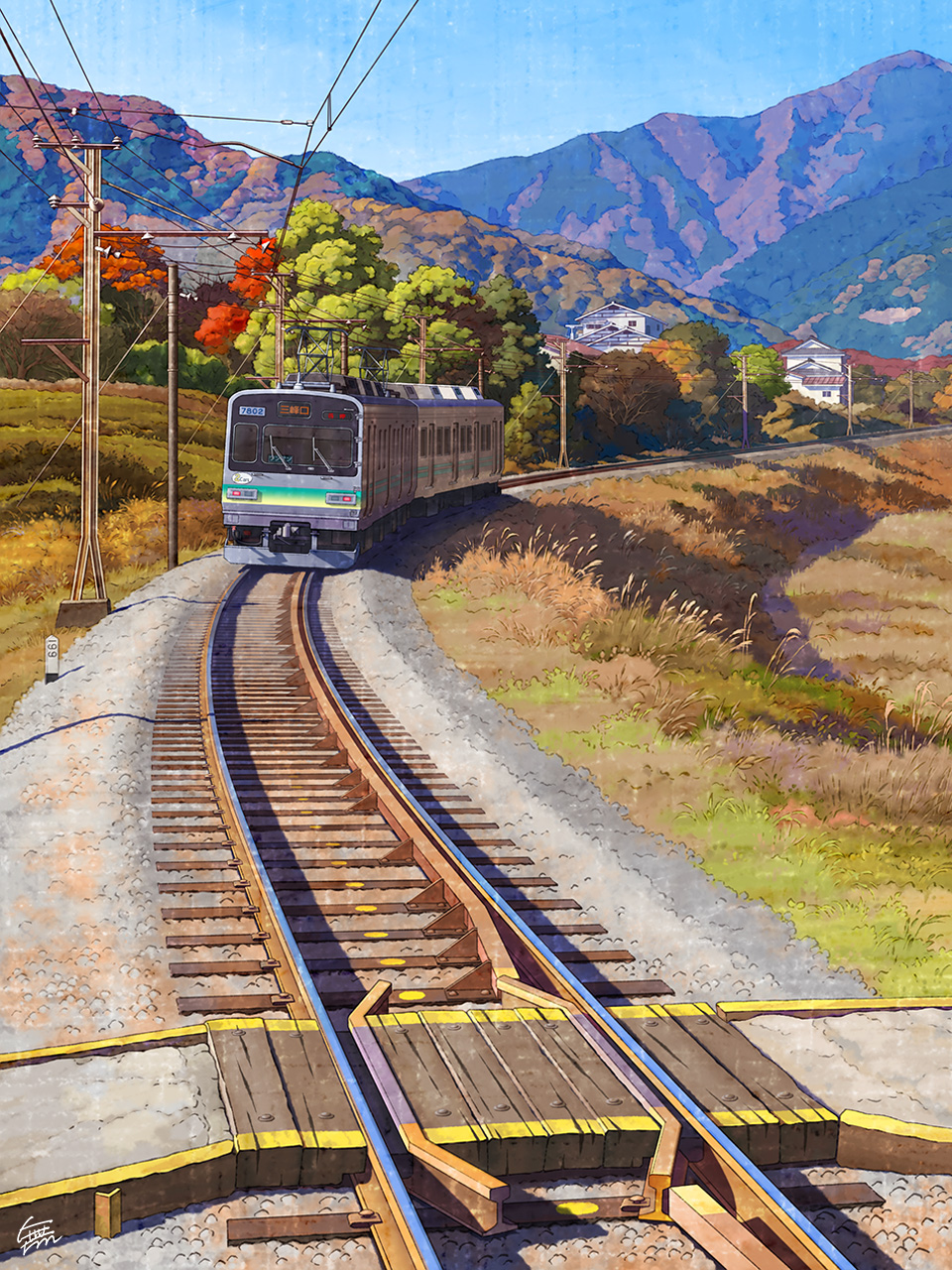 autumn blue_sky building commentary_request day grass ground_vehicle highres house mountain mugumo_24k no_humans original outdoors power_lines railroad_tracks scenery sky train tree utility_pole