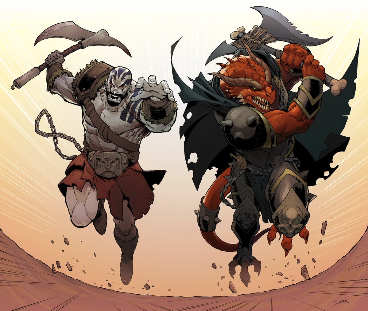 2boys abs arkhan_the_cruel armor axe bald battle_axe beard blue_skin chain chest_harness cloak colored_skin critical_role dragon_boy dragon_horns facial_hair fighting_stance furry furry_male grog_strongjaw harness head_tattoo holding holding_axe horns loincloth looking_at_viewer male_focus mature_male max-dunbar multiple_boys muscular muscular_male mustache pauldrons pectorals running scales shoulder_armor shoulder_tattoo single_pauldron tail tattoo the_legend_of_vox_machina thick_eyebrows weapon