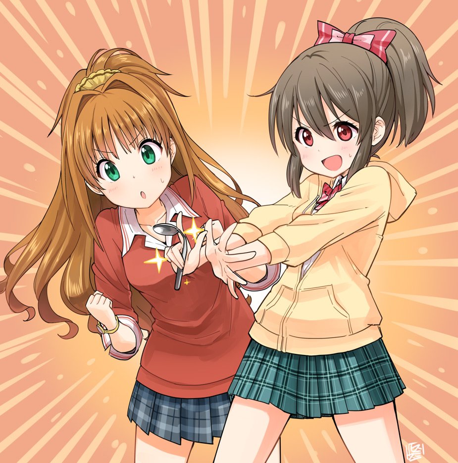 2girls blush bow bracelet brown_hair cardigan emphasis_lines green_eyes green_skirt grey_skirt hair_bow hair_ornament hair_scrunchie high_ponytail hino_akane_(idolmaster) holding holding_spoon hood hoodie hori_yuko idolmaster idolmaster_cinderella_girls idolmaster_cinderella_girls_starlight_stage jewelry leaning_forward long_hair looking_at_another multiple_girls neck_ribbon open_mouth orange_background plaid plaid_skirt pleated_skirt ponytail psychic red_cardigan red_eyes red_ribbon ribbon school_uniform scrunchie shirt signature simple_background skirt smirs spoon surprised sweatdrop v-shaped_eyebrows white_shirt yellow_hoodie