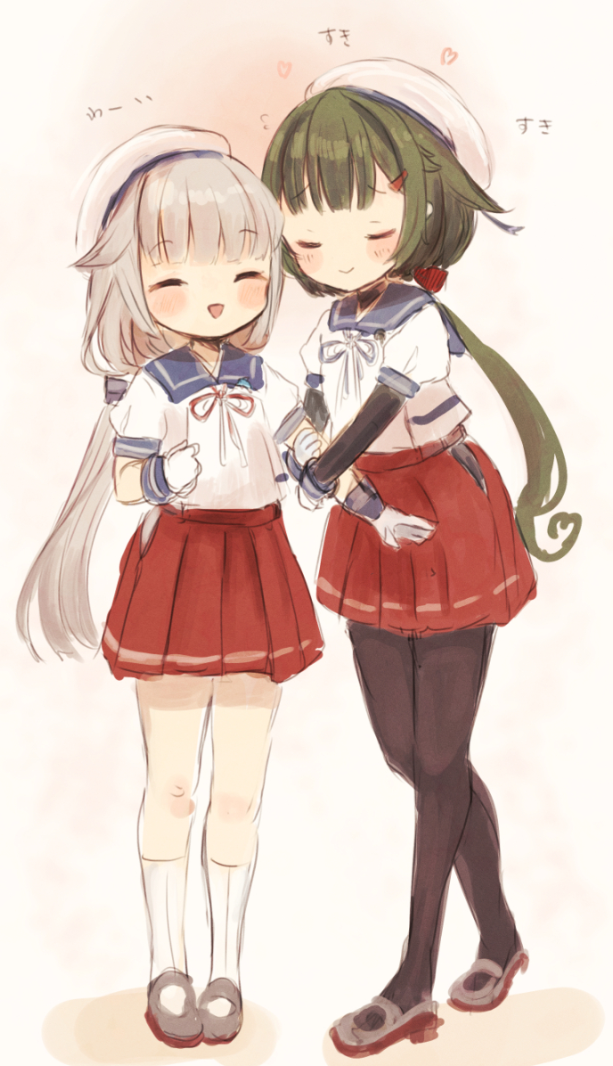 2girls black_bodysuit black_pantyhose blue_sailor_collar bodysuit closed_eyes commentary_request full_body gloves green_hair grey_hair hat hip_vent kantai_collection long_hair low_ponytail low_twintails mikura_(kancolle) multiple_girls noumi_(kancolle) pantyhose pleated_skirt puffy_short_sleeves puffy_sleeves red_skirt sailor_collar sailor_hat sailor_shirt shirt shoes short_sleeves skirt smile socks twintails undershirt uwabaki white_gloves white_headwear white_shirt wss_(nicoseiga19993411)