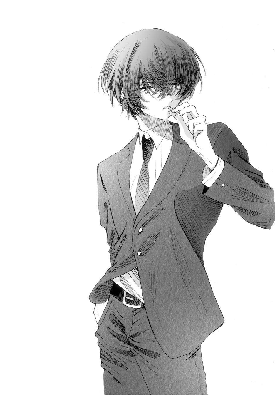 1boy aya_carmine belt cigarette collared_shirt cowboy_shot formal greyscale hair_between_eyes hand_in_pocket highres hitomi_hirosuke_(sayonara_wo_oshiete) looking_at_viewer male_focus monochrome necktie sayonara_wo_oshiete shirt short_hair simple_background solo suit