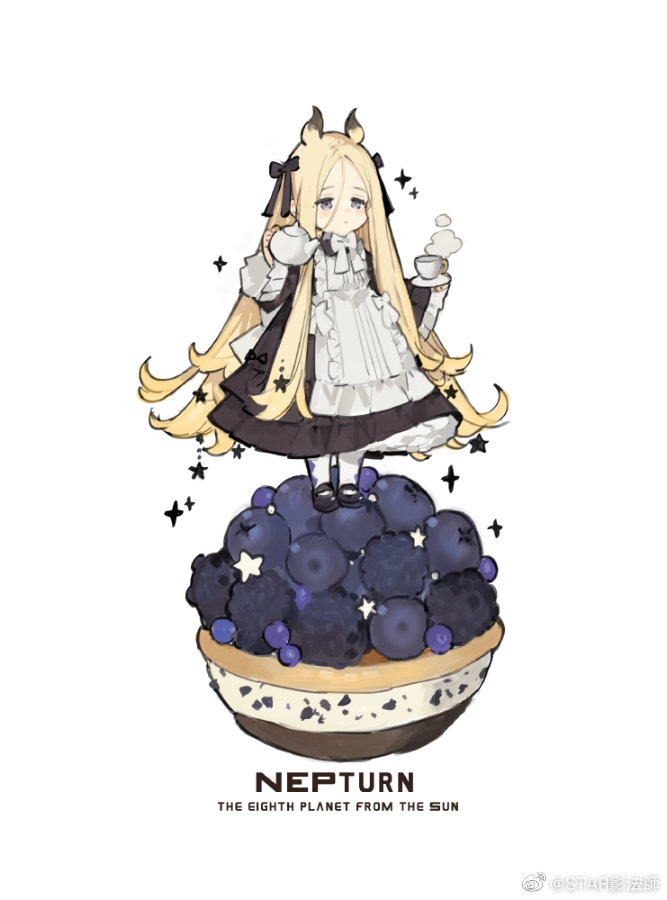 1girl apron arms_up black_bow black_dress black_footwear blackberry_(fruit) blonde_hair blueberry blush bow cup dress food fruit hair_bow holding holding_cup holding_teapot long_hair looking_ahead maid maid_apron original planet shoes star_(symbol) starshadowmagician steam teacup teapot very_long_hair violet_eyes white_background white_bow