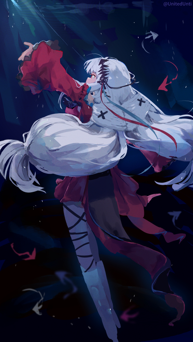 1girl arknights arm_up commentary_request dress from_behind long_hair long_sleeves looking_away outstretched_arm profile red_dress red_eyes skadi_(arknights) skadi_the_corrupting_heart_(arknights) sleeves_past_wrists solo twitter_username underwater unitedunti very_long_hair water white_hair wide_sleeves