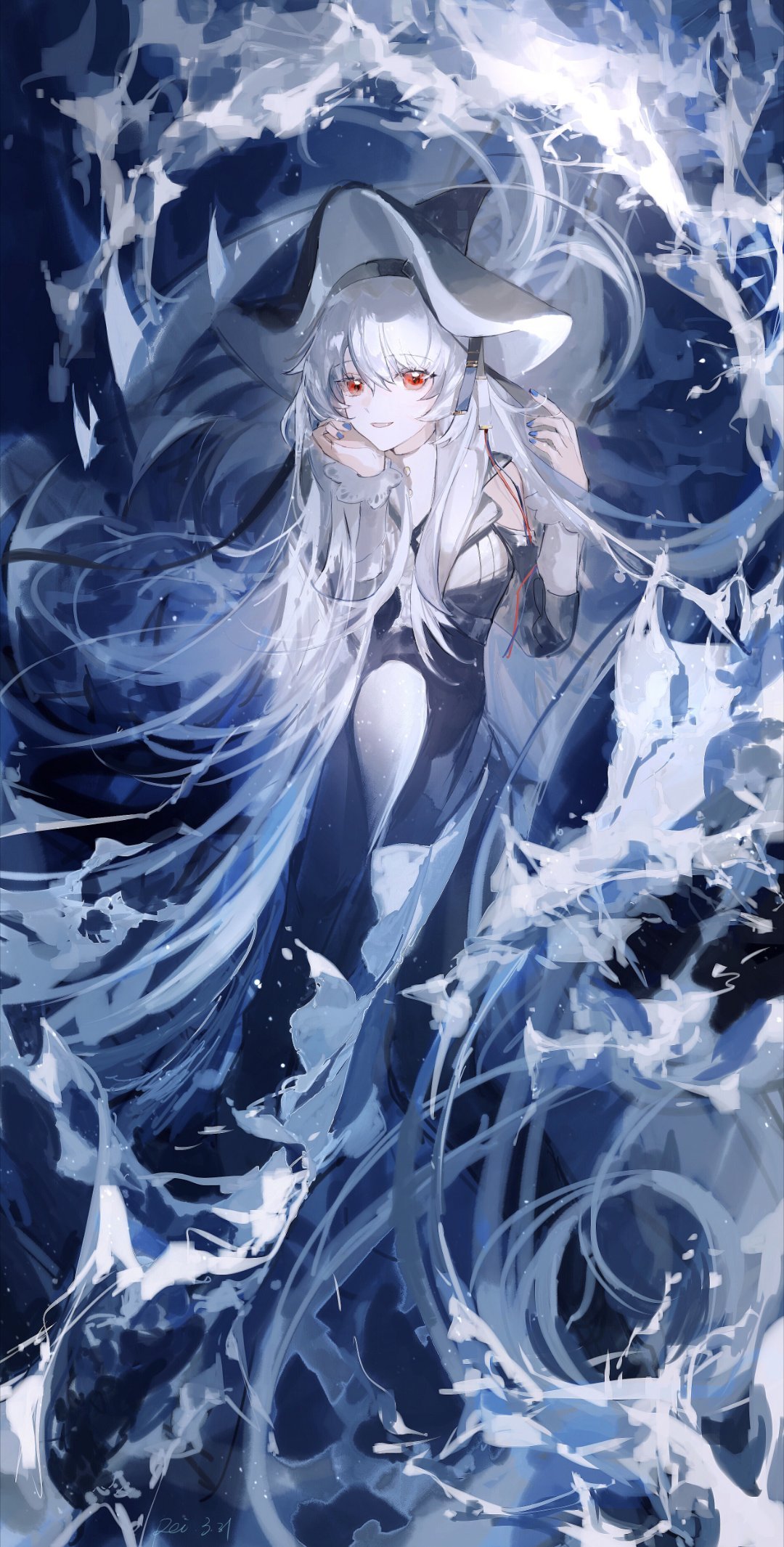 1girl arknights black_dress black_headwear blue_nails dress highres long_hair nail_polish parted_lips red_eyes solo specter_(arknights) specter_the_unchained_(arknights) very_long_hair water waves white_hair yonghu_pei_yezi