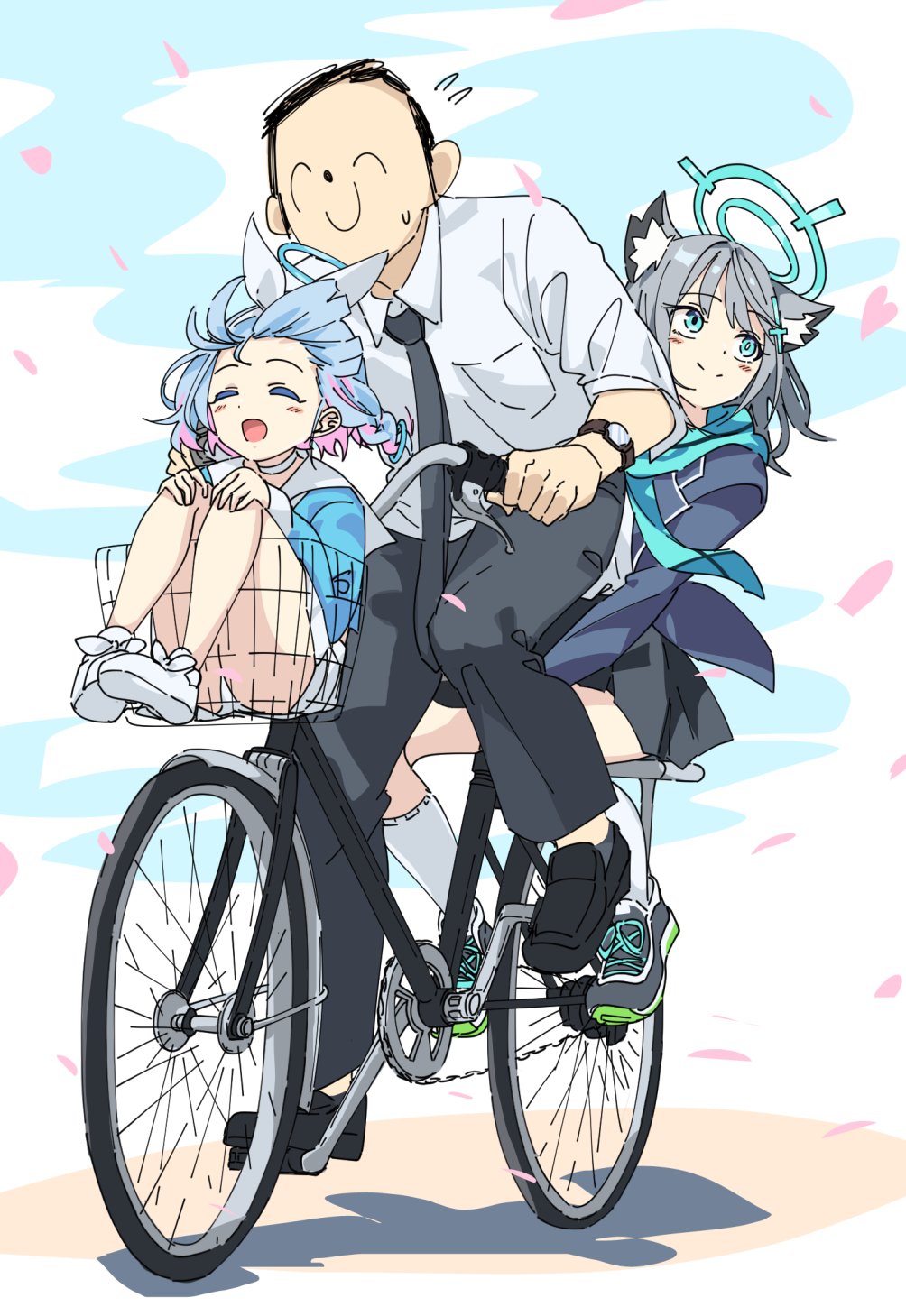 1boy 2girls ^_^ animal_ear_fluff aqua_eyes arona's_sensei_doodle_(blue_archive) arona_(blue_archive) bicycle black_footwear black_pants blue_archive blue_hair blush braid choker closed_eyes cross_hair_ornament flying_sweatdrops grey_hair ground_vehicle hair_ornament halo highres jacket long_sleeves momomatang multicolored_hair multiple_girls open_mouth pants pink_hair riding riding_bicycle scarf school_uniform sensei_(blue_archive) shiroko_(blue_archive) shirt shoes short_hair side_braid sitting skirt smile sneakers socks sweat white_choker white_footwear white_shirt