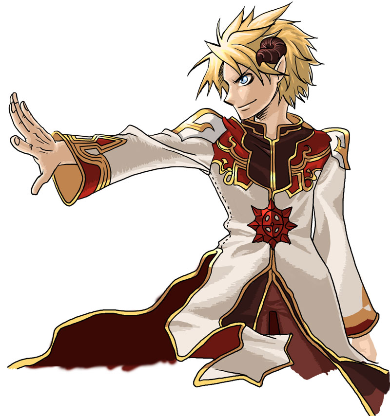 1boy blonde_hair blue_eyes brown_coat brown_horns brown_pants closed_mouth coat commentary_request cowboy_shot cropped_legs curled_horns high_priest_(ragnarok_online) horns layered_clothes long_sleeves looking_afar male_focus pants ragnarok_online red_coat short_hair simple_background smile solo spiky_hair tokixwaa two-tone_coat v-shaped_eyebrows white_background white_coat