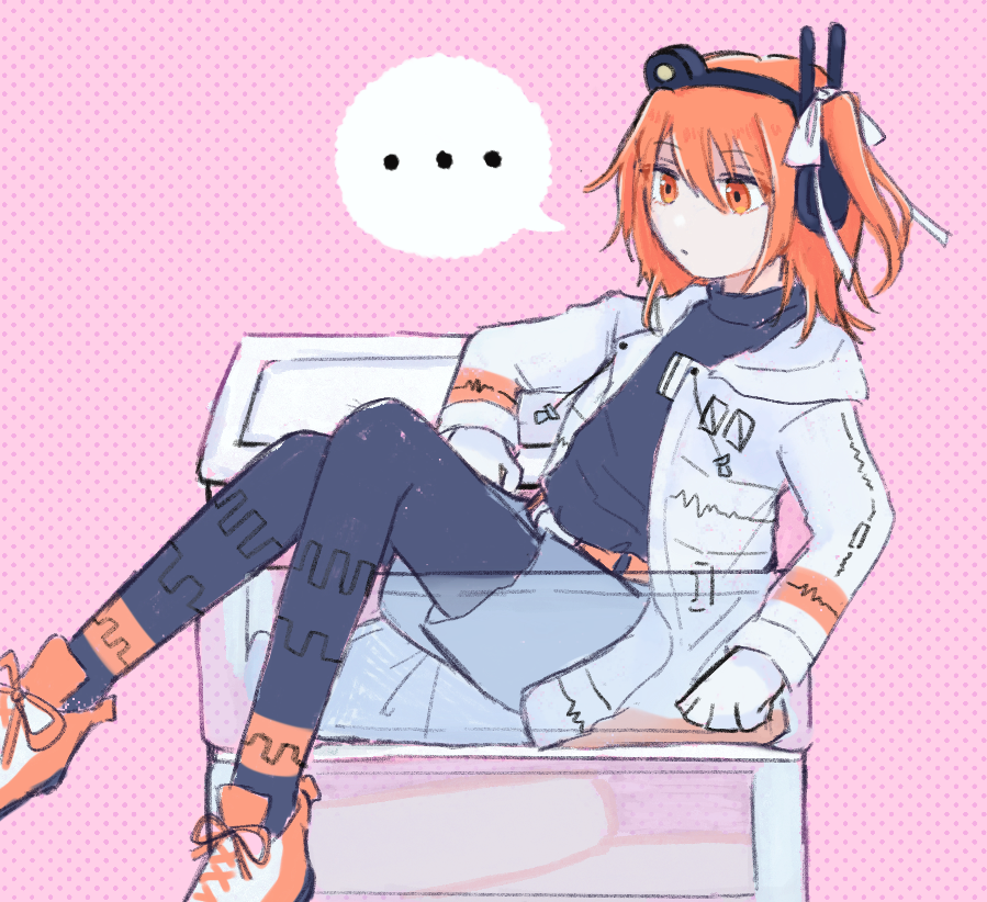 ... 1girl a.i._voice adachi_rei arm_rest belt black_leggings black_shirt commentary_request expressionless gloves grey_shorts hair_ribbon harunomoto headlamp headset in_container jacket knees_up leggings long_sleeves looking_down one_side_up open_clothes open_jacket orange_belt orange_eyes orange_hair pink_background polka_dot polka_dot_background radio_antenna ribbon shirt shoes shorts sitting sneakers solo turtleneck utau white_gloves white_jacket white_ribbon