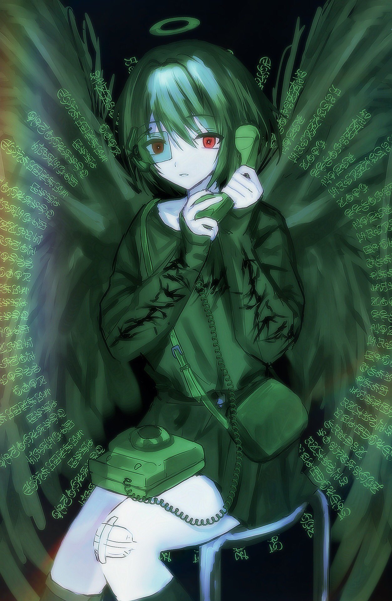 1girl bag corded_phone eyepiece gauze green_theme halo hankyuma highres holding holding_phone long_sleeves looking_at_viewer original parted_lips phone red_eyes short_hair shoulder_bag sitting skirt solo spot_color stool sweater