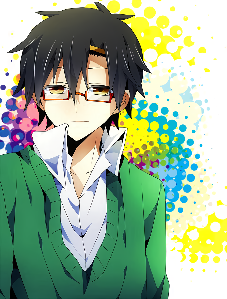 1boy :| alternate_costume bad_id bad_pixiv_id bespectacled black_hair blue_background cardigan closed_mouth collared_shirt commentary_request glasses green_background green_cardigan hair_between_eyes hair_ornament hairclip half-closed_eyes highres kagerou_project long_bangs looking_at_viewer male_focus mekakucity_actors multicolored_background partial_commentary pink_background purple_background rectangular_eyewear red-framed_eyewear semi-rimless_eyewear seto_kousuke setoo0115 shirt short_hair solo spiky_hair under-rim_eyewear upper_body white_background white_shirt yellow_background yellow_eyes