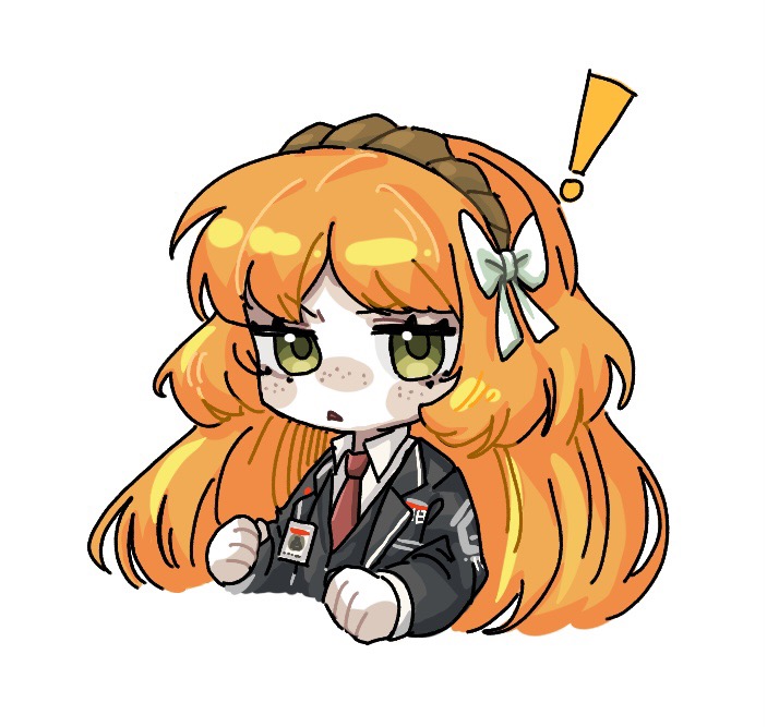 ! 1girl brown_hairband chibi chinese_commentary collared_shirt commentary_request freckles green_eyes grey_jacket grey_vest hair_ribbon hairband ishmael_(limbus_company) jacket limbus_company long_hair long_sleeves meimingzi45873 necktie open_clothes open_jacket open_mouth orange_hair project_moon red_necktie ribbon shirt simple_background solo triangle_mouth upper_body vest white_background white_ribbon white_shirt