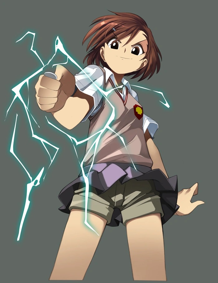 1girl bleedman lightning misaka_mikoto non-web_source school_uniform short_shorts shorts toaru_kagaku_no_railgun toaru_majutsu_no_index