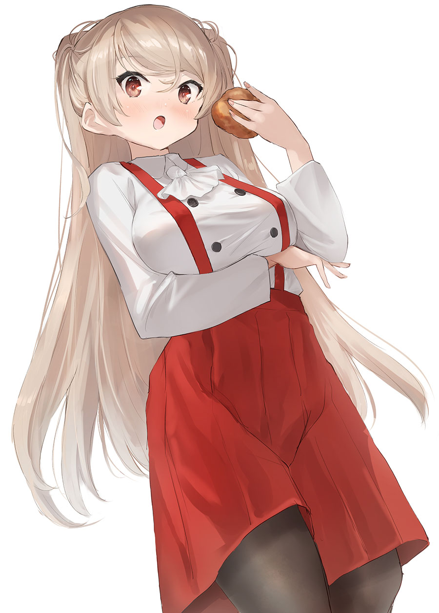 1girl alternate_costume alternate_hairstyle ascot black_pantyhose breasts brown_eyes collared_shirt conte_di_cavour_(kancolle) cosplay eating grey_hair highres kantai_collection large_breasts long_hair long_sleeves looking_at_viewer nisshin_(kancolle) nisshin_(kancolle)_(cosplay) open_mouth pantyhose potato shirt simple_background skirt smile solo suspender_skirt suspenders toka_(marchlizard) white_background white_shirt