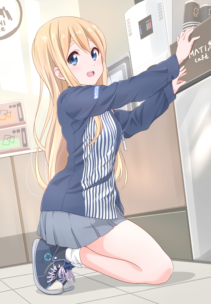 1girl blonde_hair blue_eyes commentary_request convenience_store dresstrip employee_uniform indoors k-on! kneeling kotobuki_tsumugi lawson long_hair long_sleeves looking_at_viewer open_mouth pleated_skirt shirt shoes shop skirt smile solo uniform