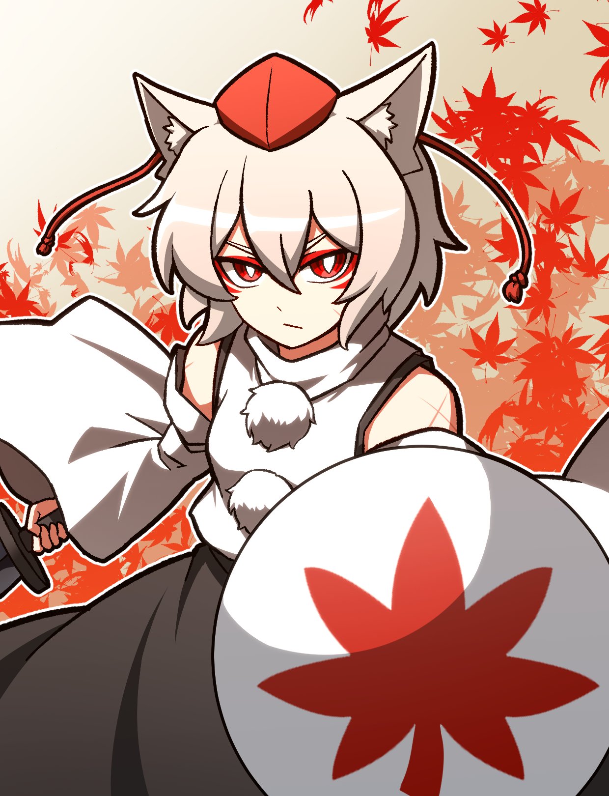 1girl animal_ear_fluff animal_ears bare_shoulders black_skirt closed_mouth highres holding holding_shield holding_sword holding_weapon hoshii_1213 inubashiri_momiji leaf looking_at_viewer maple_leaf one-hour_drawing_challenge red_eyes scar shield shirt short_hair skirt solo sword tail touhou upper_body weapon white_hair white_shirt white_sleeves wolf_ears wolf_girl wolf_tail