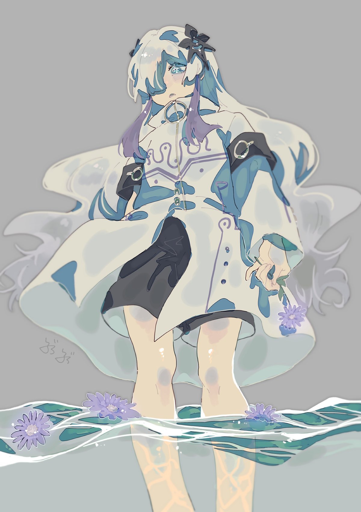 1girl afloat asymmetrical_sleeves black_shorts blue_eyes blurry brbr_vrvr caustics cevio coat depth_of_field feet_out_of_frame flower from_below grey_background hair_ornament hair_over_one_eye high_collar highres holding holding_flower kamitsubaki_studio long_hair looking_at_viewer looking_down multicolored_hair no_legwear o-ring open_mouth partially_underwater_shot pinky_out purple_flower purple_hair sekai_(cevio) shorts sidelocks simple_background solo standing star-shaped_pupils star_(symbol) streaked_hair symbol-shaped_pupils uneven_sleeves very_long_hair wading wavy_hair white_coat white_hair zipper zipper_pull_tab